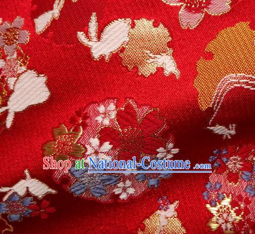 Asian Japanese Traditional Brocade Classical Sakura Rabbit Pattern Red Baldachin Fabric Kimono Tapestry Satin Silk Material