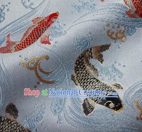 Asian Traditional Japanese Kimono Classical Fishes Pattern Blue Tapestry Satin Brocade Fabric Baldachin Silk Material