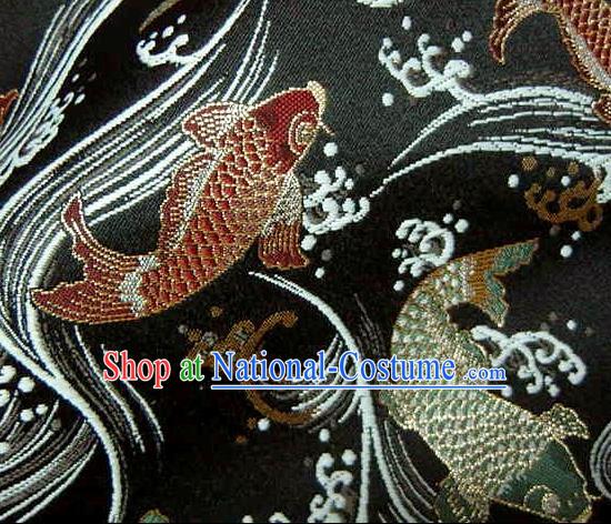 Asian Traditional Japanese Kimono Classical Fishes Pattern Black Tapestry Satin Brocade Fabric Baldachin Silk Material