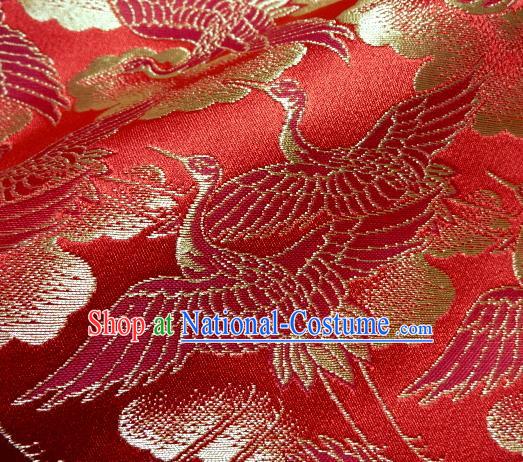 Asian Traditional Japanese Kimono Classical Cranes Pattern Red Brocade Tapestry Satin Fabric Baldachin Silk Material