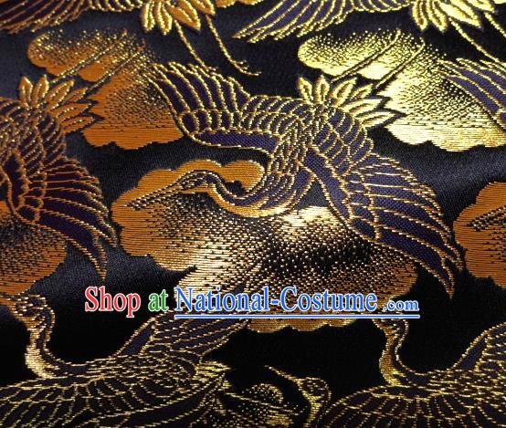 Asian Traditional Japanese Kimono Classical Cranes Pattern Black Brocade Tapestry Satin Fabric Baldachin Silk Material