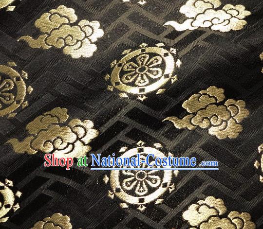 Asian Traditional Japanese Kimono Classical Cloud Wheels Pattern Black Brocade Tapestry Satin Fabric Baldachin Silk Material