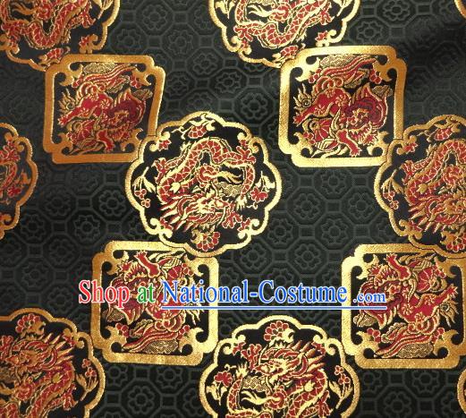 Asian Japanese Traditional Black Baldachin Classical Dragon Lion Pattern Brocade Fabric Kimono Tapestry Satin Silk Material