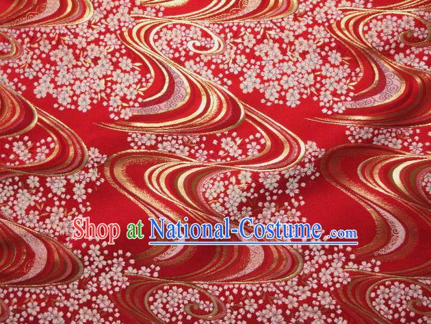 Asian Japanese Traditional Red Brocade Classical Sakura Pattern Baldachin Fabric Kimono Tapestry Satin Silk Material