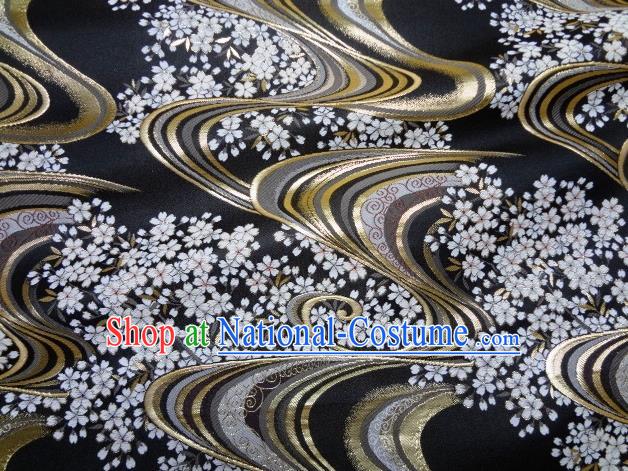 Asian Japanese Traditional Brocade Classical Sakura Pattern Black Baldachin Fabric Kimono Tapestry Satin Silk Material