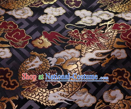 Asian Japanese Traditional Black Baldachin Classical Cloud Dragon Pattern Brocade Fabric Kimono Tapestry Satin Silk Material