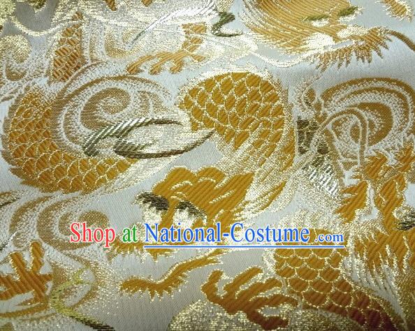 Asian Japanese Traditional White Brocade Fabric Classical Golden Dragons Pattern Baldachin Kimono Tapestry Satin Silk Material