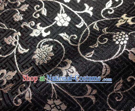 Asian Japanese Traditional Kimono Black Tapestry Satin Classical Scroll Pattern Brocade Fabric Baldachin Silk Material