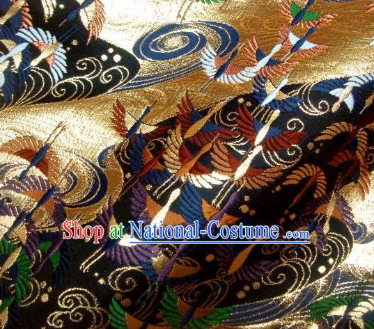 Asian Traditional Japanese Kimono Black Tapestry Satin Classical Crane Pattern Brocade Fabric Baldachin Silk Material