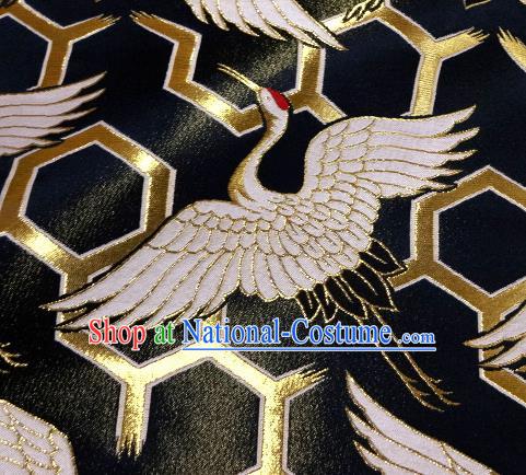 Asian Japanese Traditional Kimono Classical Cranes Pattern Black Tapestry Satin Brocade Fabric Baldachin Silk Material