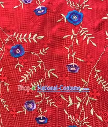 Asian Traditional Fabric Classical Embroidered Flowers Pattern Red Brocade Satin Silk Material