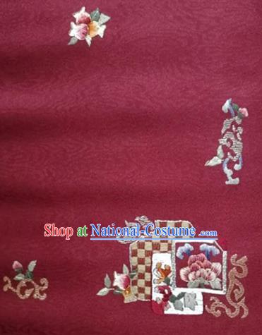 Asian Traditional Fabric Classical Embroidered Flowers Pattern Wine Red Brocade Satin Silk Material