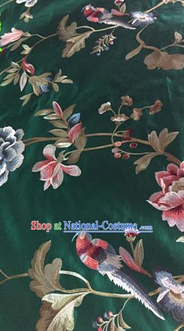 Asian Traditional Fabric Classical Embroidered Peony Birds Pattern Green Brocade Chinese Satin Silk Material