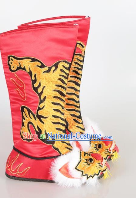 Traditional Chinese Beijing Opera Takefu Embroidered Red Boots Ancient Swordsman Shoes for Men