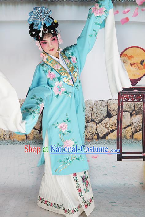 Chinese Traditional Beijing Opera Blue Embroidered Robe Ancient Palace Princess Costume for Women