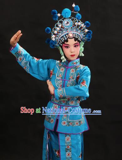 Professional Chinese Traditional Beijing Opera Blues Costume Ancient Swordswomen Blue Clothing for Kids