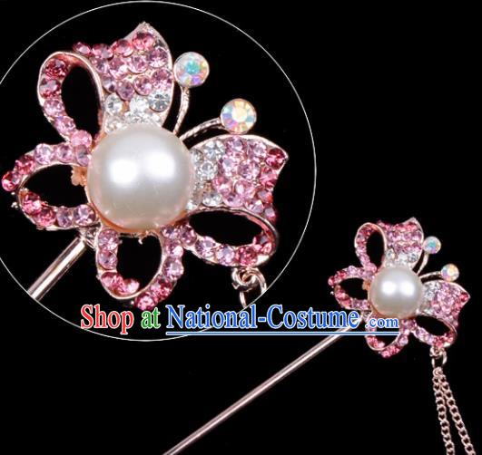 Professional Chinese Traditional Beijing Opera Hair Accessories Ancient Princess Pink Crystal Butterfly Hairpins for Women