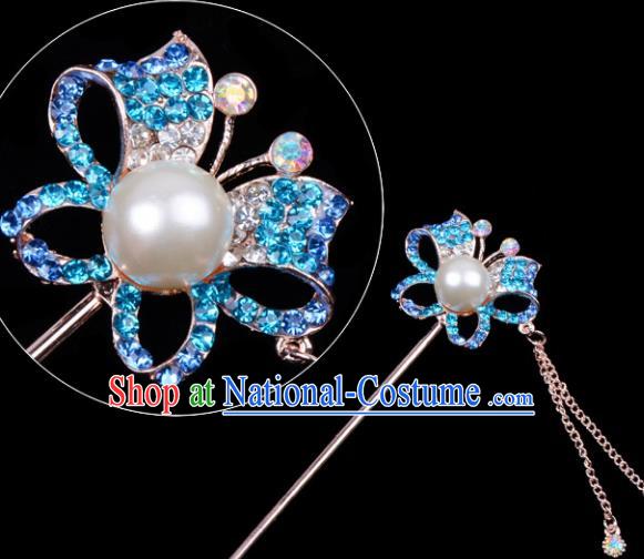 Professional Chinese Traditional Beijing Opera Hair Accessories Ancient Princess Blue Crystal Butterfly Hairpins for Women