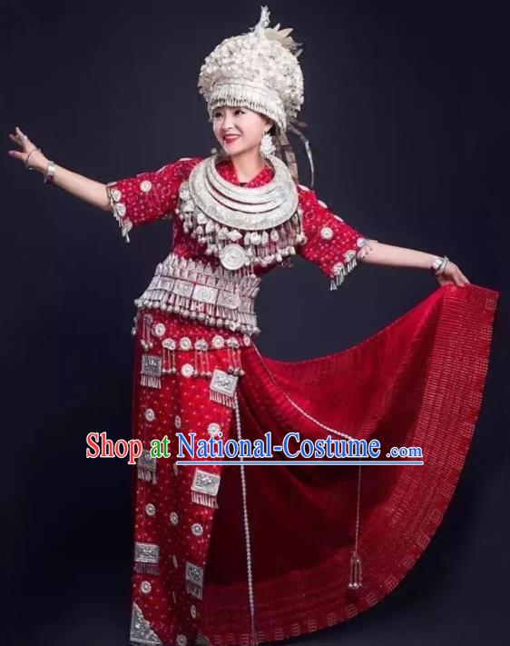 Chinese Traditional Hmong Ethnic Wedding Costume Miao Nationality Folk Dance Red Pleated Skirt and Headdress for Women