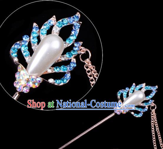 Professional Chinese Traditional Beijing Opera Hair Accessories Ancient Princess Blue Crystal Hairpins for Women