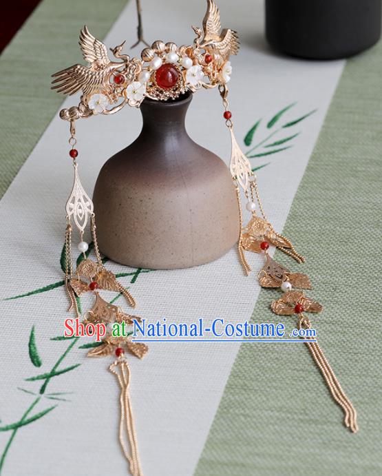 Chinese Traditional Hanfu Hair Accessories Ancient Princess Pearls Golden Tassel Cranes Hair Crown Hairpins for Women