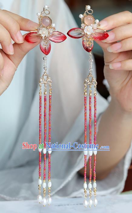 Chinese Traditional Hanfu Hair Accessories Ancient Princess Red Flower Tassel Hair Claws Hairpins for Women