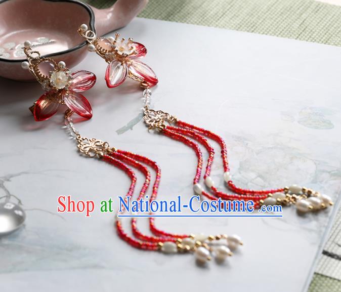 Chinese Traditional Hanfu Hair Accessories Ancient Princess Red Flower Tassel Hair Claws Hairpins for Women