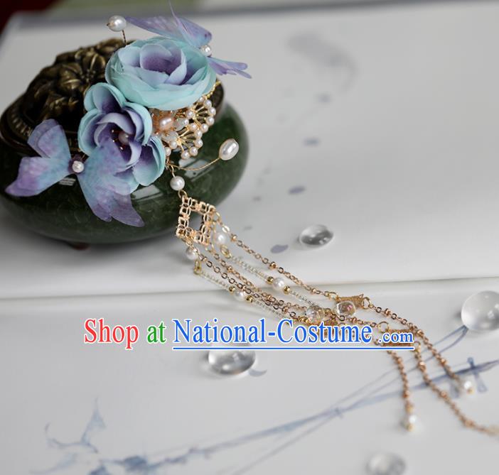 Chinese Traditional Hanfu Hair Accessories Ancient Princess Blue Roses Butterfly Hair Claw Hairpins for Women