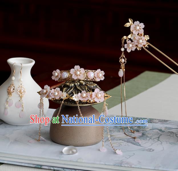 Chinese Traditional Hanfu Hair Accessories Ancient Princess Pink Flowers Hairpins Complete Set for Women