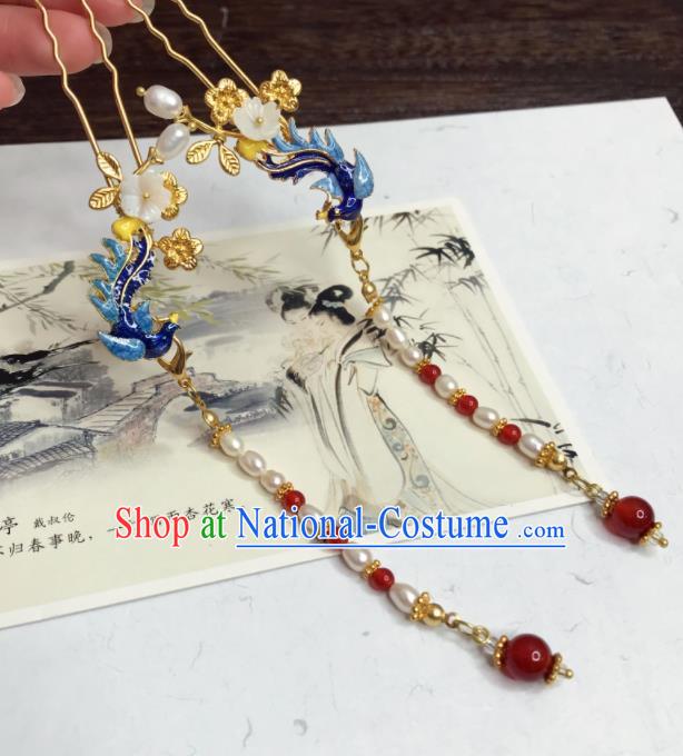 Chinese Ancient Princess Blueing Phoenix Tassel Hairpins Traditional Hanfu Hair Accessories for Women