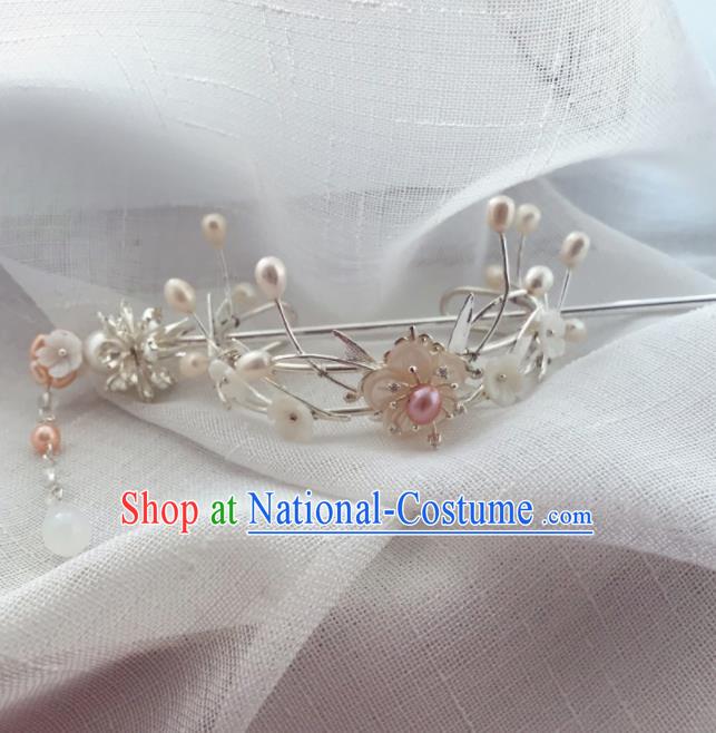 Chinese Ancient Princess Hairpins Pearls White Hair Crown Traditional Hanfu Hair Accessories for Women