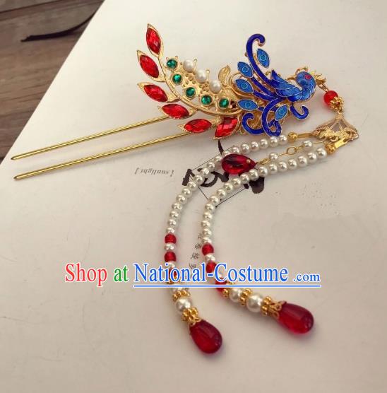 Chinese Ancient Princess Blueing Phoenix Tassel Hairpins Traditional Hanfu Hair Accessories for Women