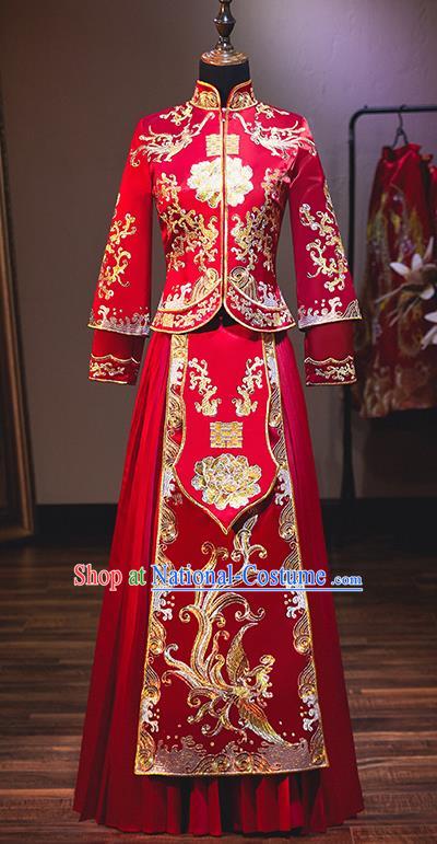 Chinese Traditional Bride Costume Red Xiuhe Suit Ancient Wedding Embroidered Phoenix Peony Dress for Women