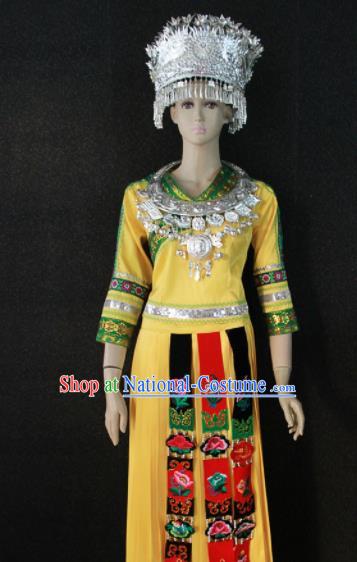 Chinese Traditional Miao Nationality Yellow Dress Ethnic Bride Folk Dance Costume for Women