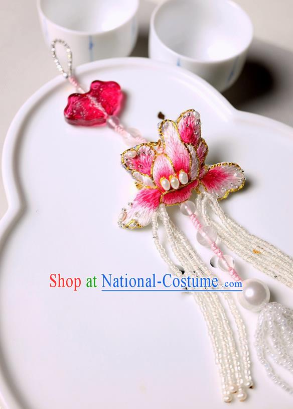 Chinese Traditional Jewelry Accessories Classical Embroidered Pink Mangnolia Tassel Brooch for Women