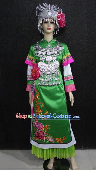 Chinese Traditional Shui Nationality Wedding Green Dress Ethnic Folk Dance Costume for Women