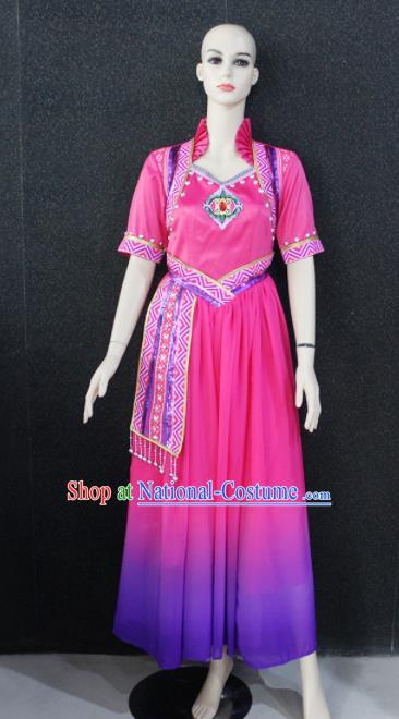 Chinese Traditional Minority Nationality Rosy Dress Ethnic Folk Dance Costume for Women