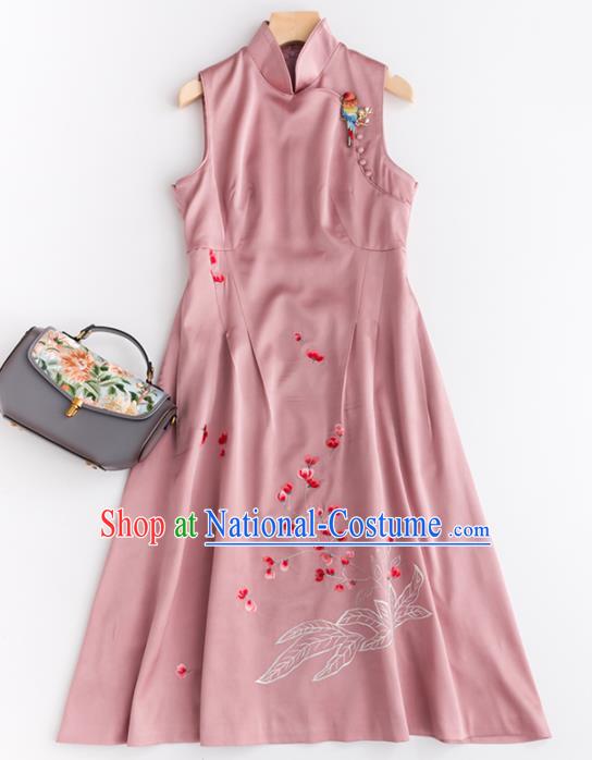 Chinese Traditional National Costume Tang Suit Pink Silk Cheongsam Embroidered Qipao Dress for Women