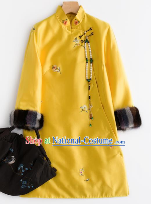 Chinese Traditional National Costume Tang Suit Cheongsam Winter Yellow Qipao Dress for Women