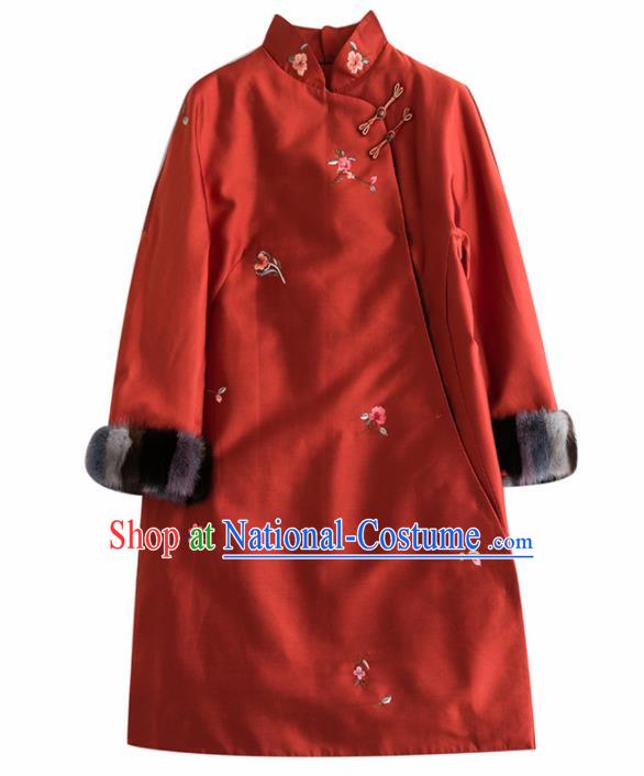 Chinese Traditional National Costume Tang Suit Cheongsam Winter Rust Red Qipao Dress for Women