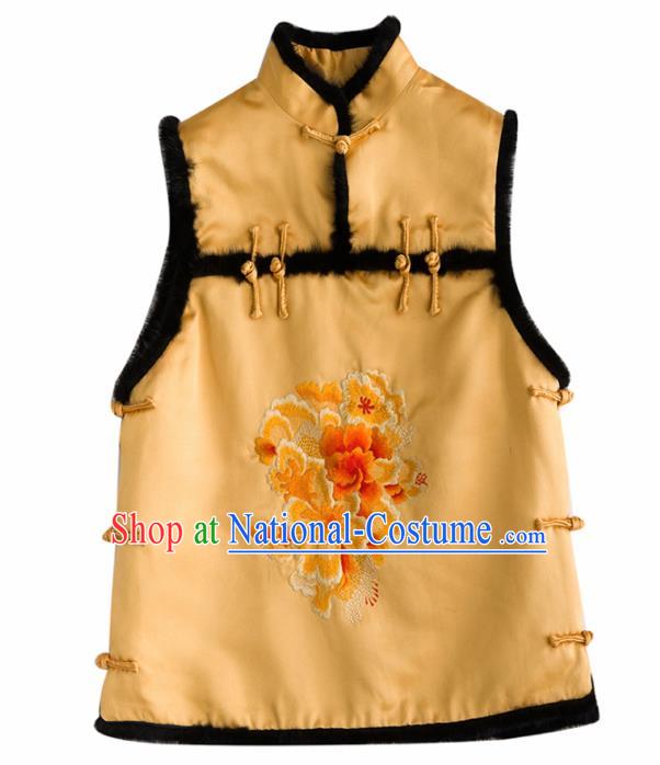 Traditional Chinese National Costume Tang Suit Embroidered Peony Yellow Waistcoat for Women