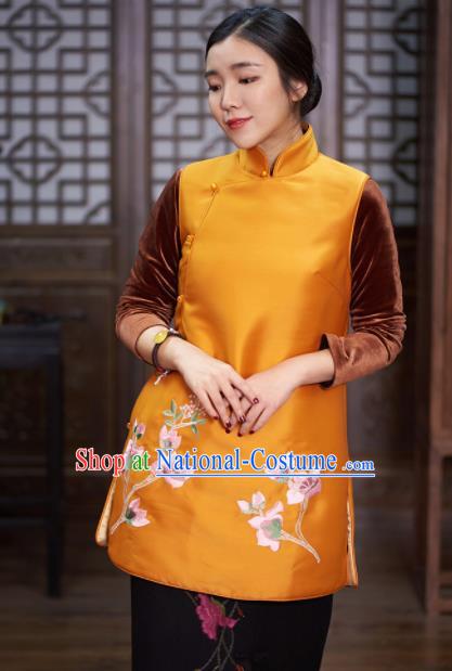 Traditional Chinese National Costume Tang Suit Embroidered Magnolia Yellow Waistcoat for Women