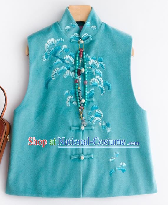 Traditional Chinese National Costume Tang Suit Blue Wool Waistcoat for Women