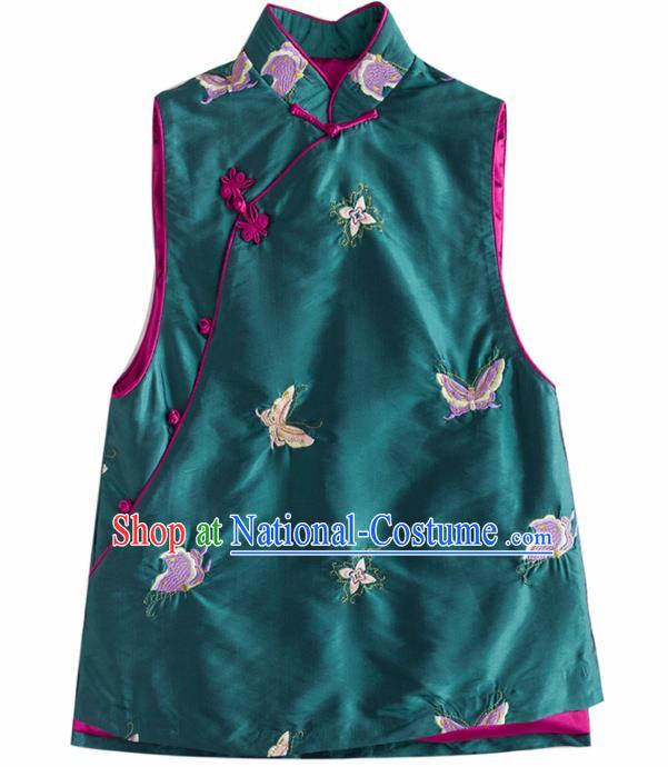 Traditional Chinese National Costume Tang Suit Embroidered Butterfly Green Waistcoat for Women