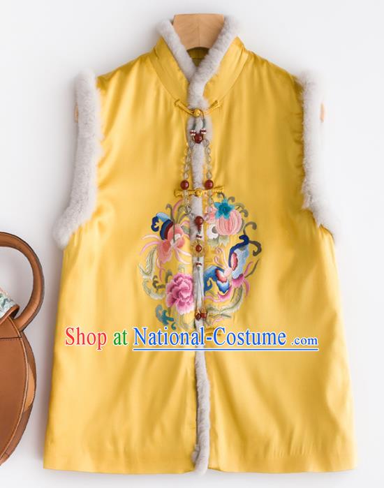 Traditional Chinese National Costume Tang Suit Embroidered Peony Yellow Waistcoat for Women