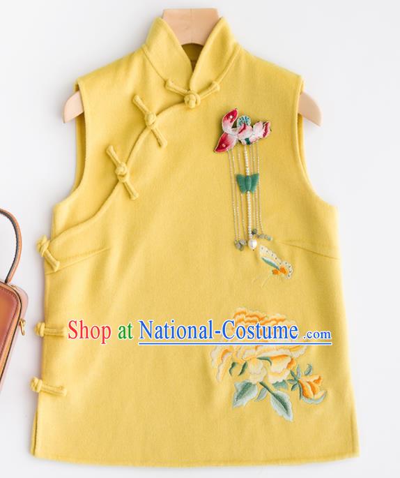 Traditional Chinese National Costume Tang Suit Embroidered Yellow Woolen Waistcoat for Women