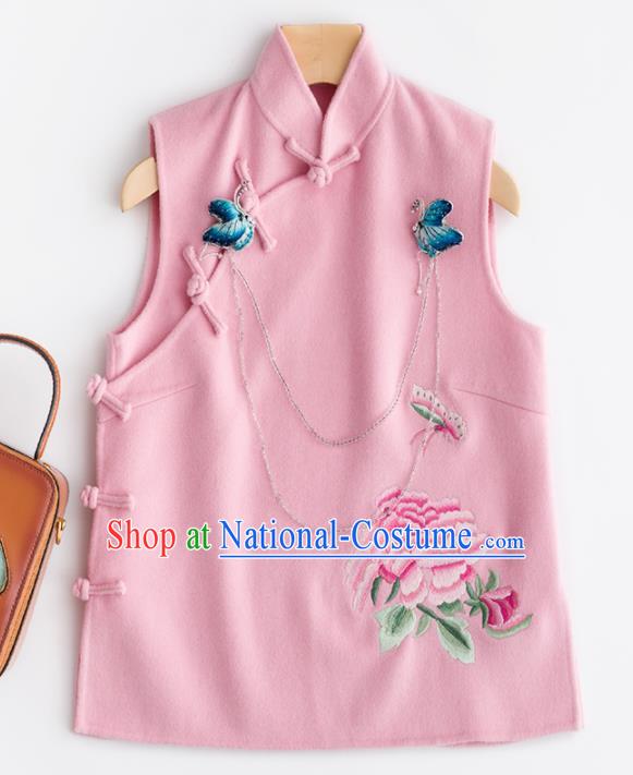 Traditional Chinese National Costume Tang Suit Embroidered Pink Woolen Waistcoat for Women