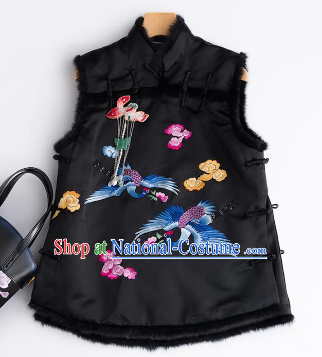 Traditional Chinese National Costume Embroidered Cranes Black Vest Tang Suit Waistcoat for Women