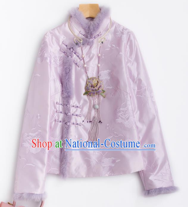 Chinese Traditional National Costume Tang Suit Embroidered Pink Cotton Padded Jacket for Women