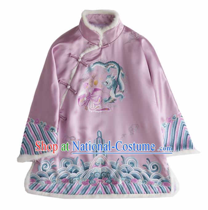 Chinese Traditional National Costume Tang Suit Upper Outer Garment Embroidered Dragon Phoenix Pink Shirts for Women